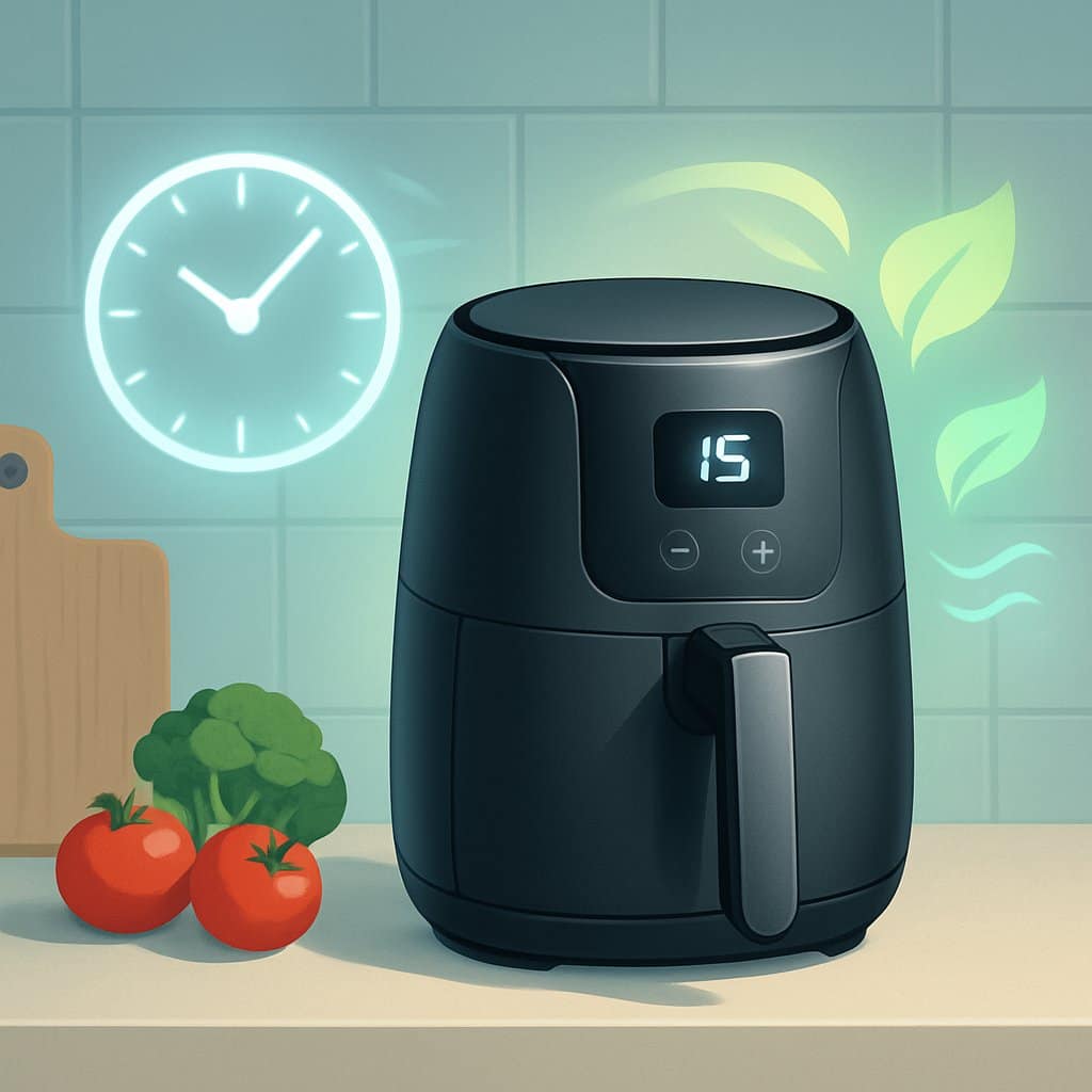 A modern kitchen countertop with an air fryer surrounded by symbols of fast cooking and energy savings, including a glowing clock and green energy waves.
