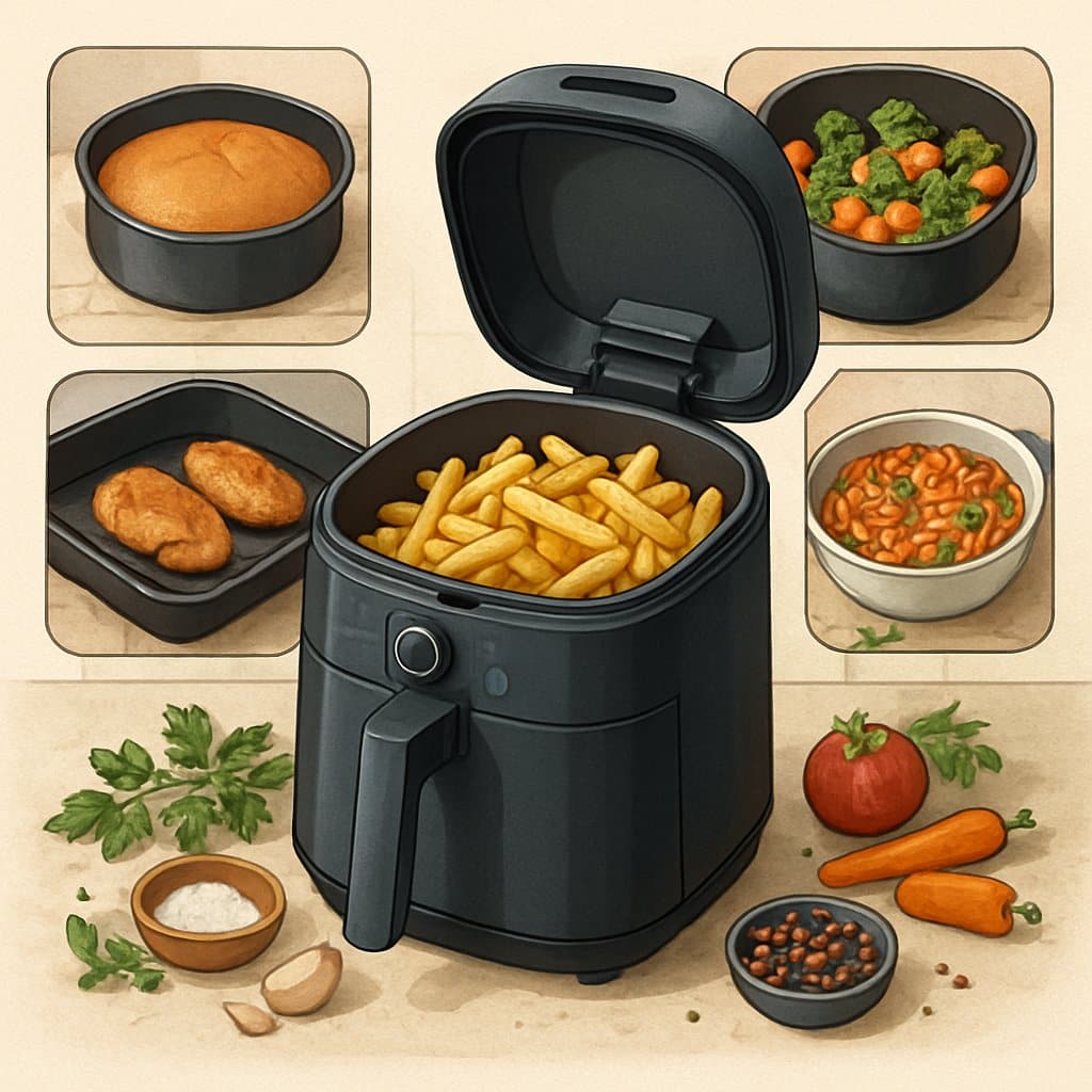 An air fryer with crispy fries inside, surrounded by images of baked cake, roasted vegetables, grilled chicken, and reheated food, with kitchen ingredients and utensils around it.