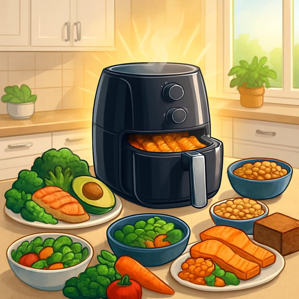 A kitchen countertop with an air fryer surrounded by various healthy foods representing different dietary lifestyles.