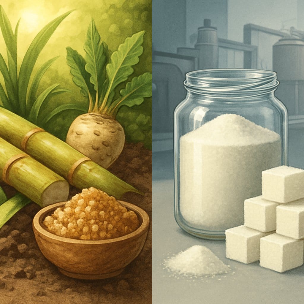 A split scene showing natural sugar sources like sugarcane, sugar beets, and raw brown sugar on one side, and refined white sugar in jars and cubes with factory elements on the other side.