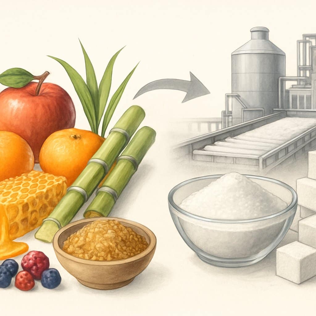 An illustration showing natural sugar sources like fruits, honeycomb, and sugarcane on one side, and refined sugar like white granulated sugar, sugar cubes, and factory machinery on the other side.