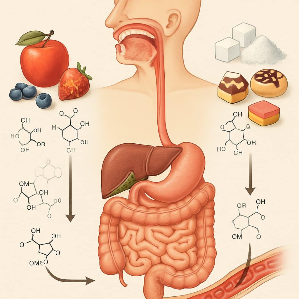 Illustration showing the human digestive system processing natural sugars from fruits on one side and refined sugars like sugar cubes on the other, highlighting different absorption pathways.