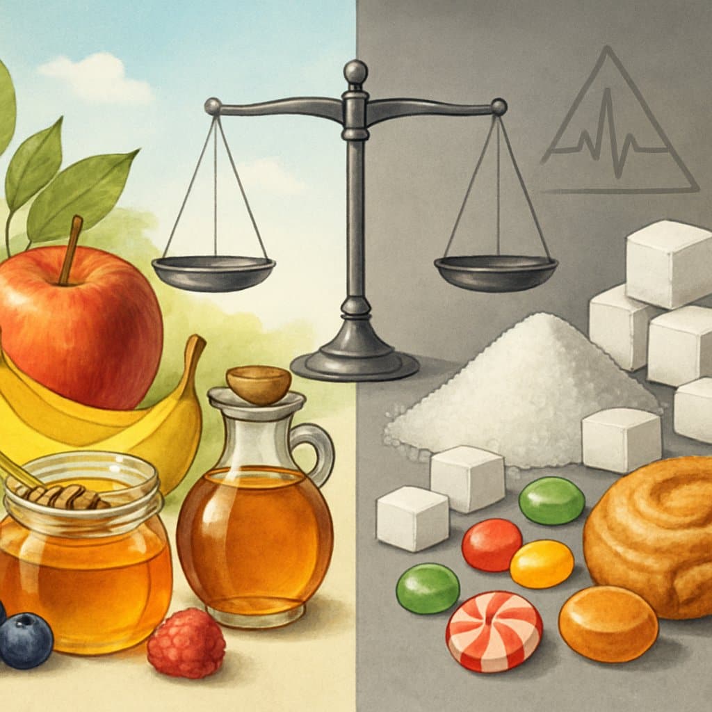 An illustration showing natural sugar sources like fruits and honey on one side, and refined sugar products like white sugar and candies on the other, with a balanced scale between them representing their health effects.
