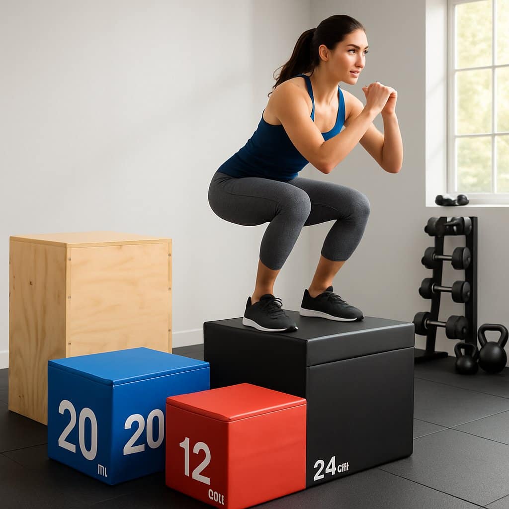 A person performing a jump onto a plyo box in a home gym with various plyo boxes and workout equipment around.