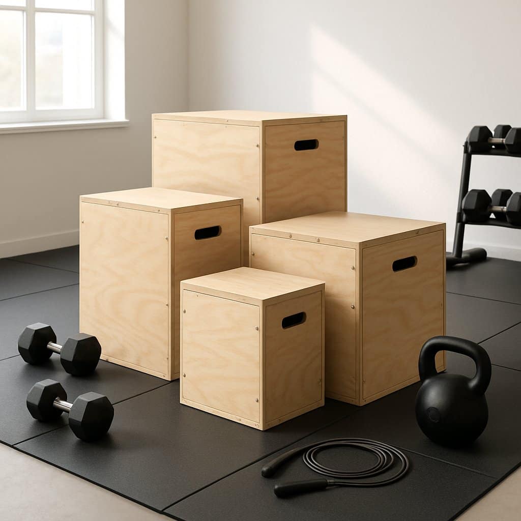A home gym with three wooden plyo boxes of different sizes arranged on a rubber mat floor, surrounded by gym equipment like dumbbells and a kettlebell.