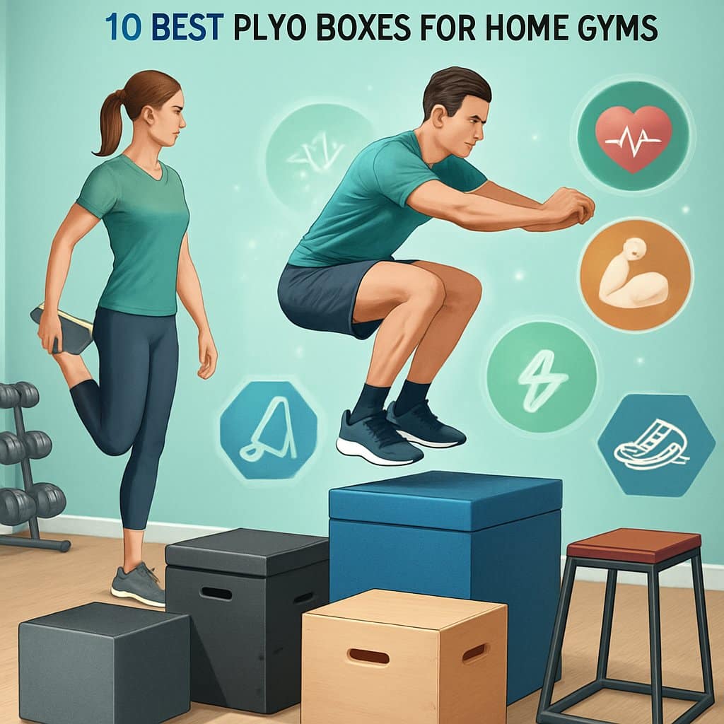 A person performing a plyometric jump onto a plyo box in a home gym surrounded by various plyo boxes and gym equipment, demonstrating safe and effective exercise.