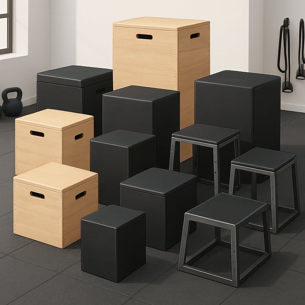 A home gym with ten different plyometric boxes of various sizes and materials arranged neatly on a rubber gym floor.