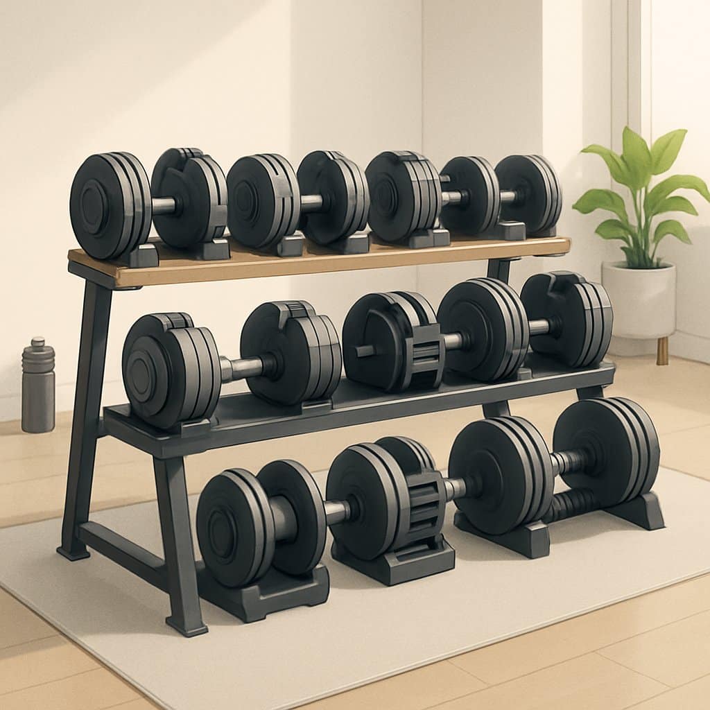 A home gym with a rack holding 10 adjustable dumbbells of different sizes and designs, placed on gym mats near a window with natural light.