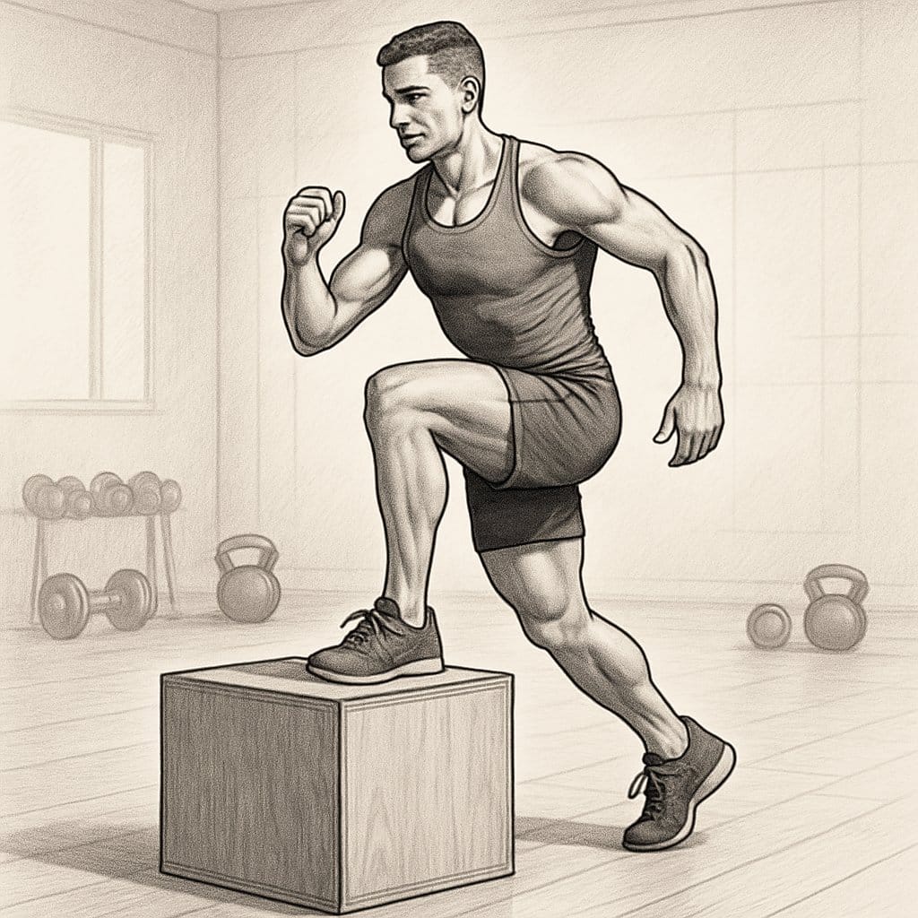 A person performing a lateral box step-up exercise on a plyometric box in a gym.
