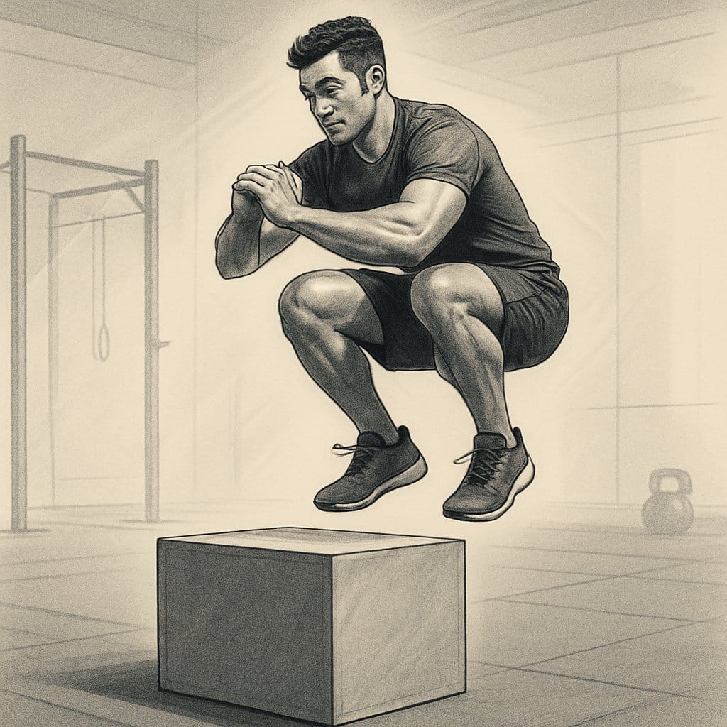 An athlete jumping over a plyometric box in a gym setting.