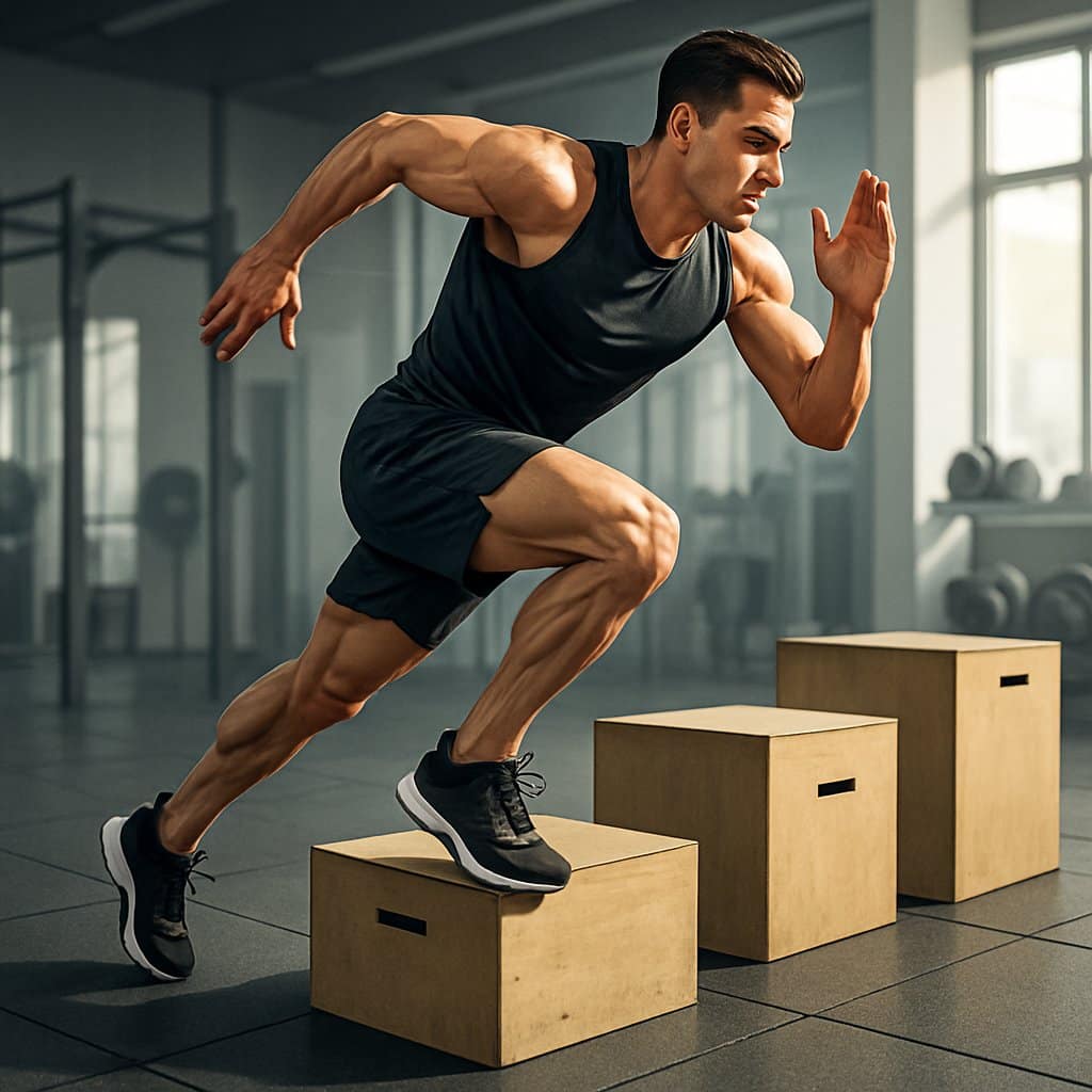 An athlete sprinting over plyometric boxes in a gym, demonstrating a box sprint exercise.