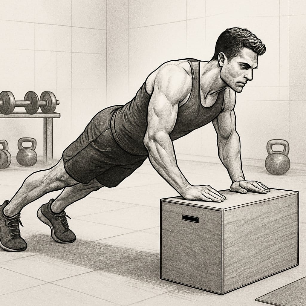 A person performing box push-ups with hands on a plyometric box in a gym setting.