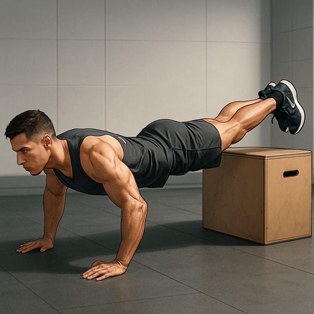 A person doing a decline push-up with their feet on a plyometric box in a gym.