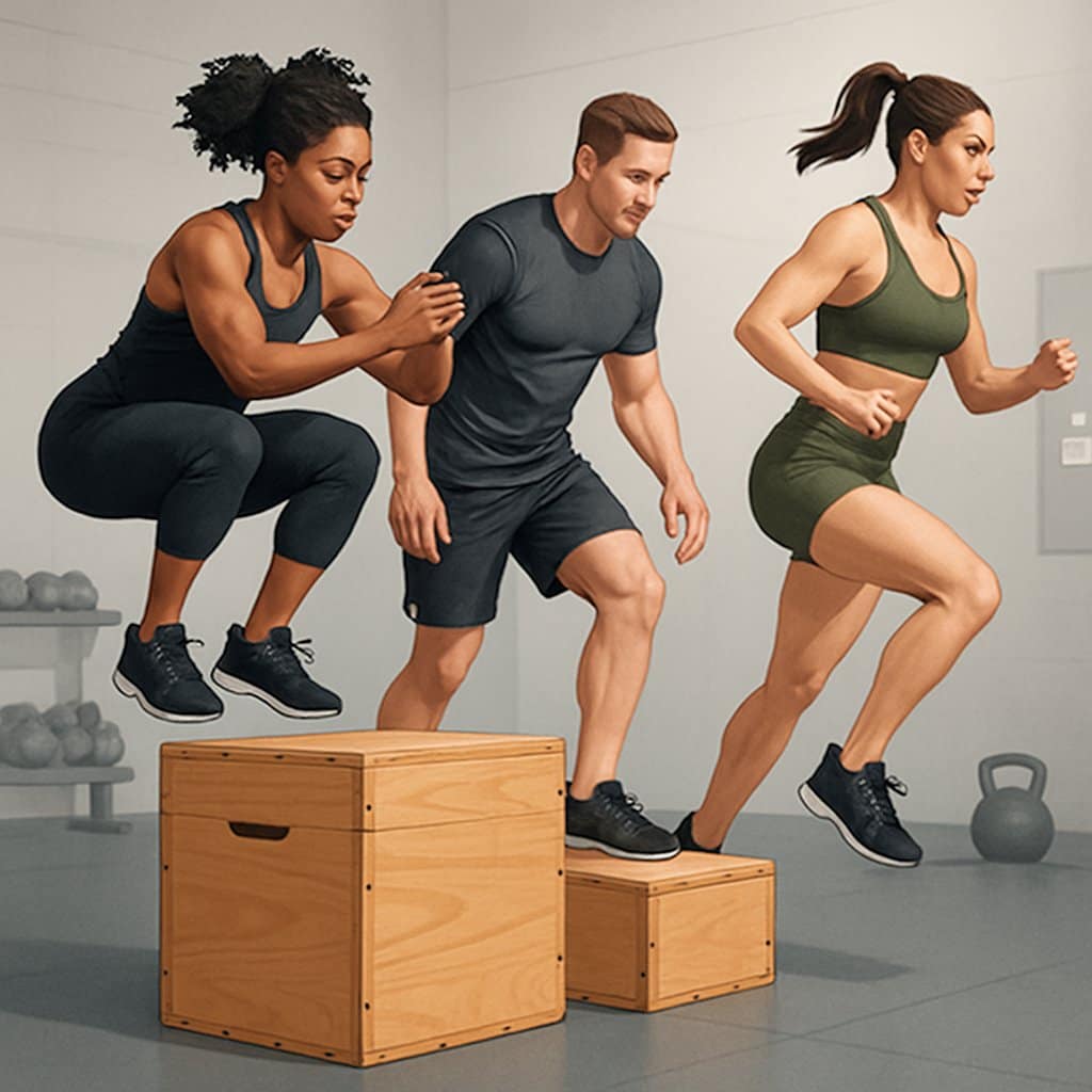 Three athletes performing different plyo box exercises in a gym, including jumping onto, stepping down from, and lateral jumping beside a wooden plyo box.