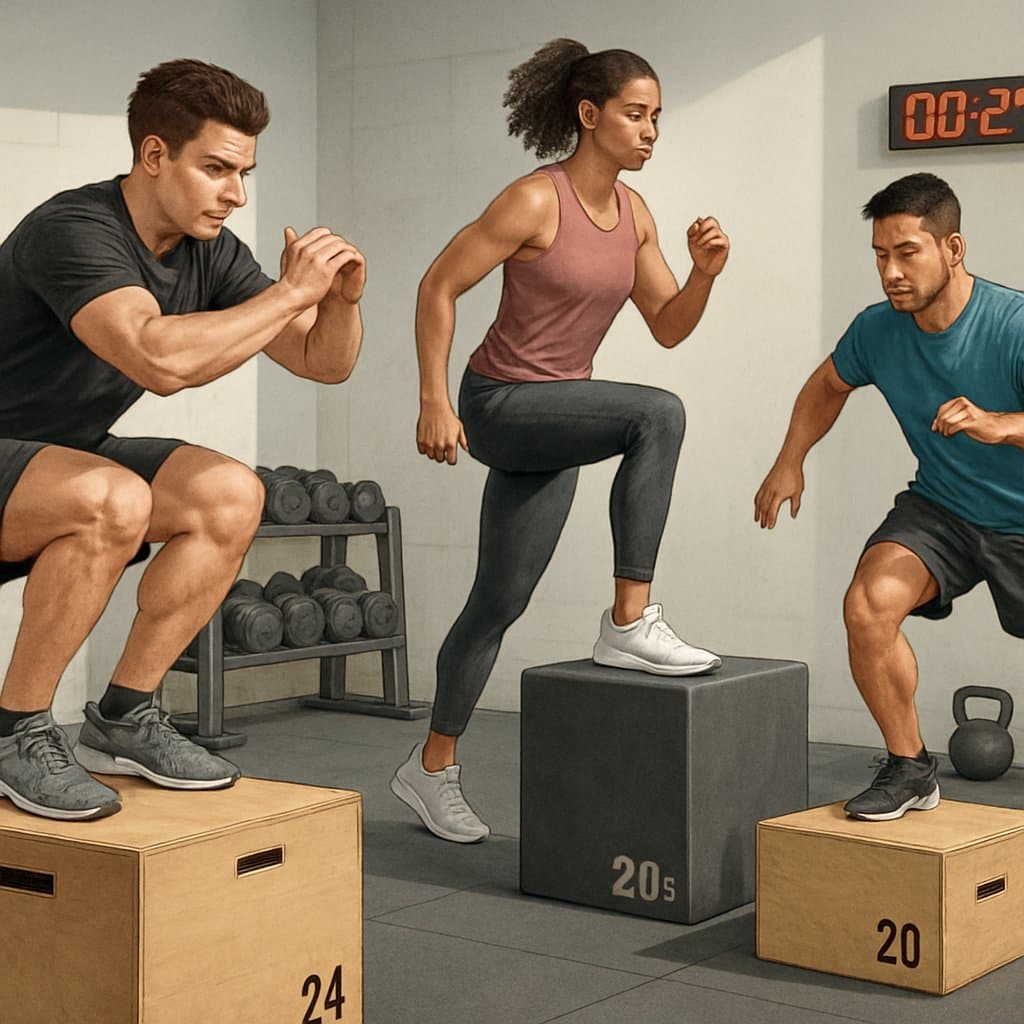 A gym scene showing athletes performing different plyometric box exercises like box jumps, step-ups, and lateral hops using sturdy plyo boxes.