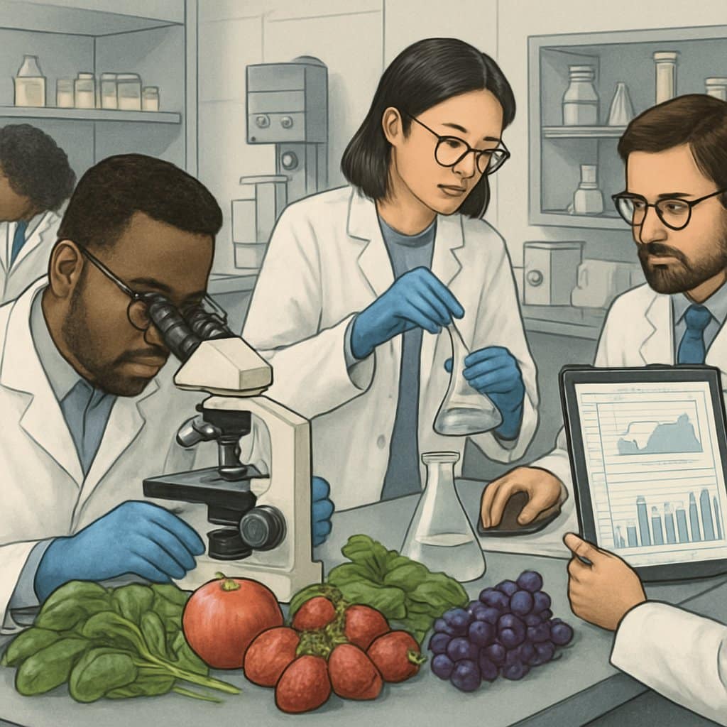 Scientists in a laboratory examining fruits and vegetables with microscopes and computers to analyze pesticide residues.