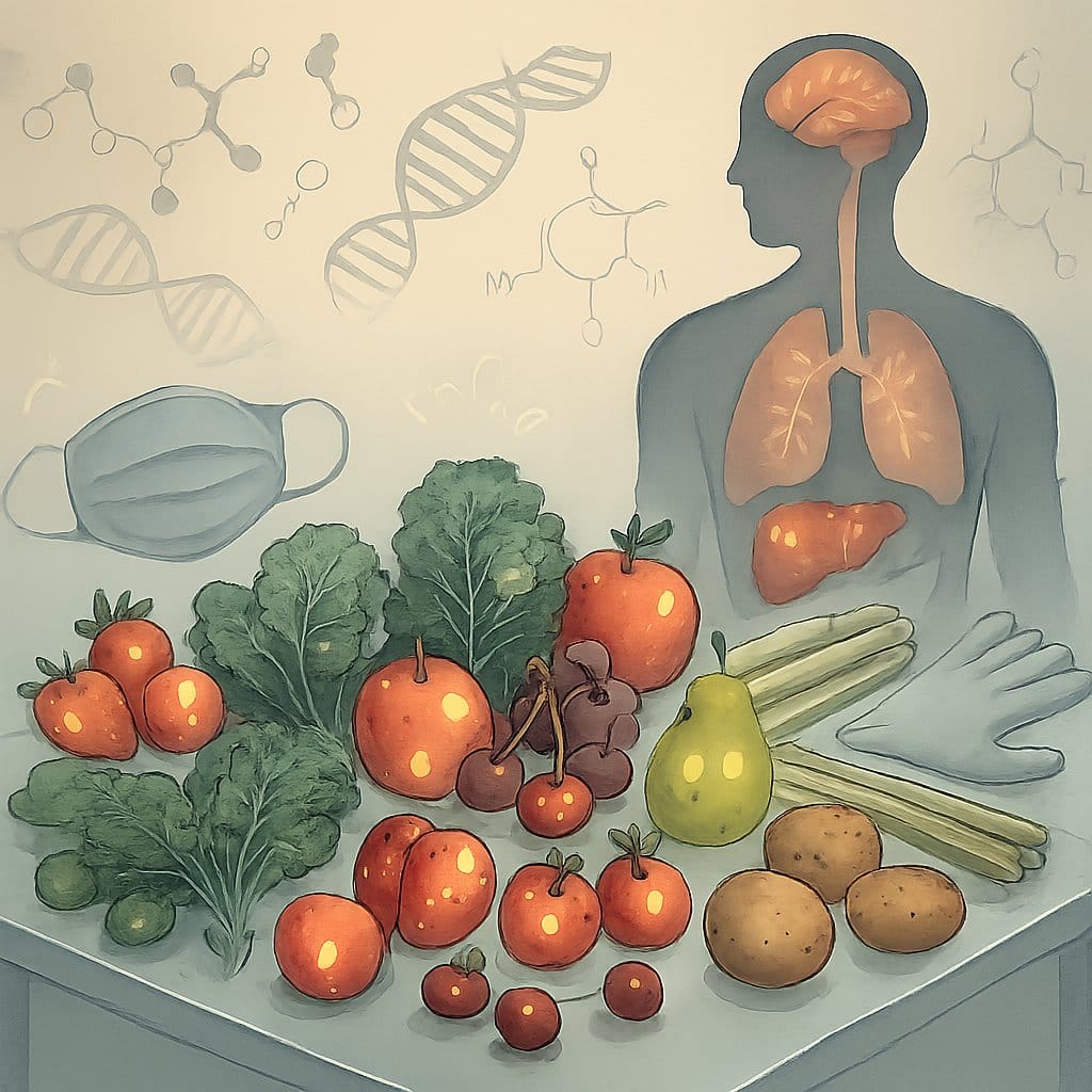 A scientific illustration showing various fruits and vegetables known for pesticide residues on a table, with a human figure highlighting affected organs and symbols representing chemical exposure.