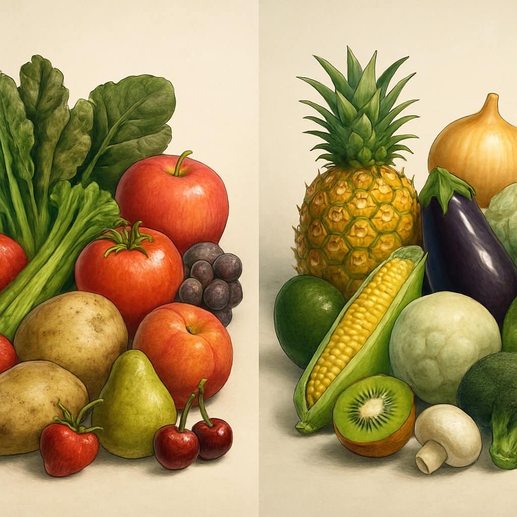 Two groups of fruits and vegetables side by side, one group appearing slightly dirty and dull, the other fresh and shiny, illustrating a comparison between higher and lower pesticide residue produce.