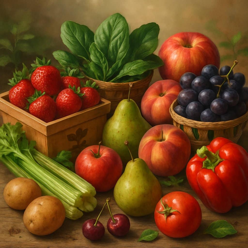 A collection of fresh fruits and vegetables including apples, strawberries, spinach, nectarines, grapes, peaches, cherries, pears, tomatoes, celery, potatoes, and bell peppers arranged on a wooden surface with natural lighting.