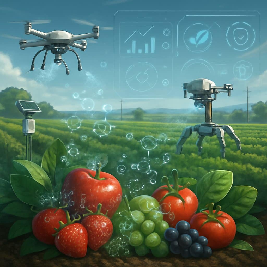 A futuristic farm scene showing advanced technology like drones and robots tending to crops, with various fruits and vegetables highlighted to indicate pesticide presence, surrounded by healthy plants and digital data overlays.