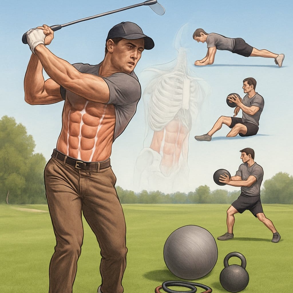 A golfer swinging on a golf course with visible core muscles and an overlay showing core muscles, alongside a person performing core exercises with gym equipment.