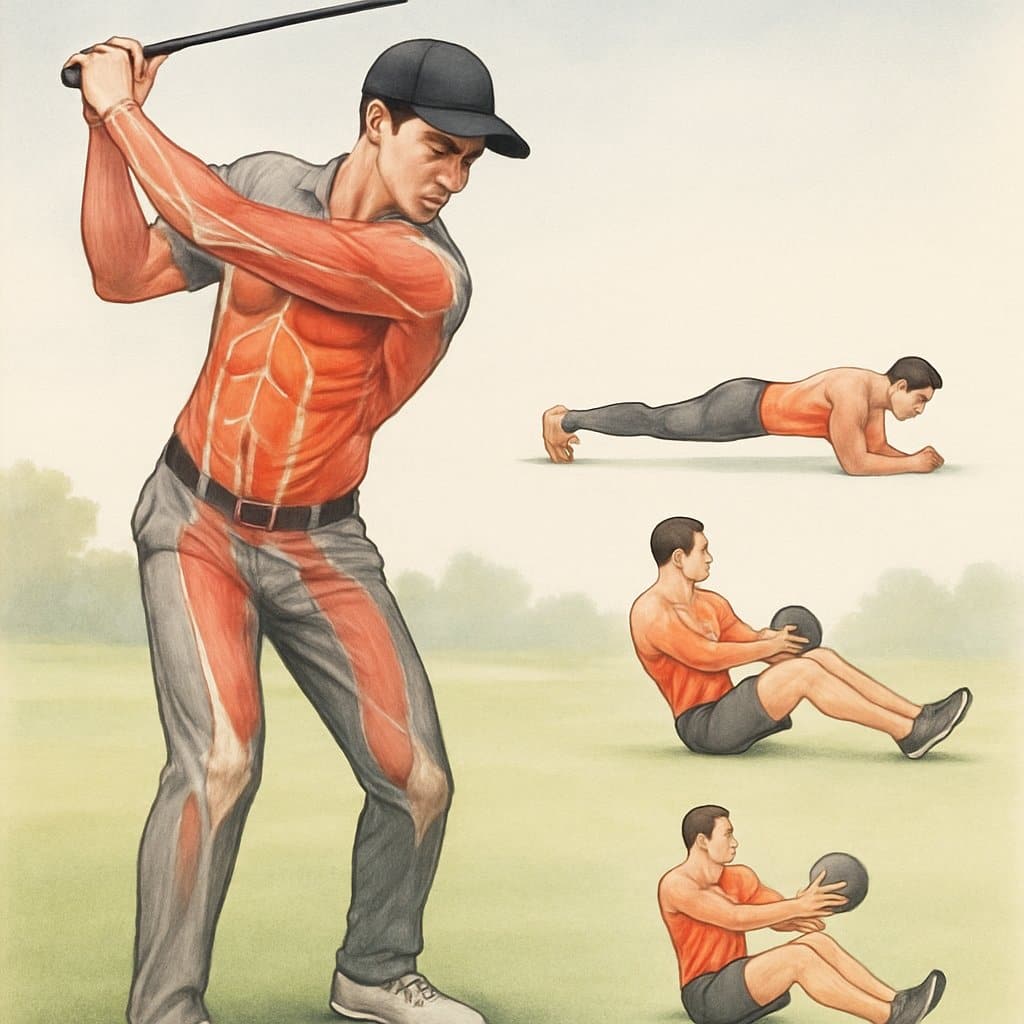Illustration of a golfer mid-swing with core muscles highlighted and smaller images showing key core exercises for golf.