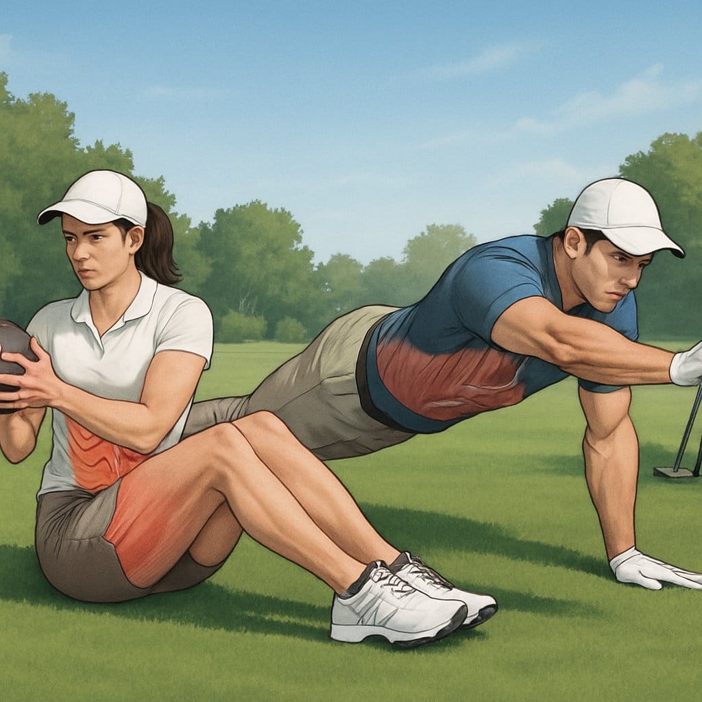A man and woman performing core exercises outdoors on a golf course, with golf clubs and a ball nearby.