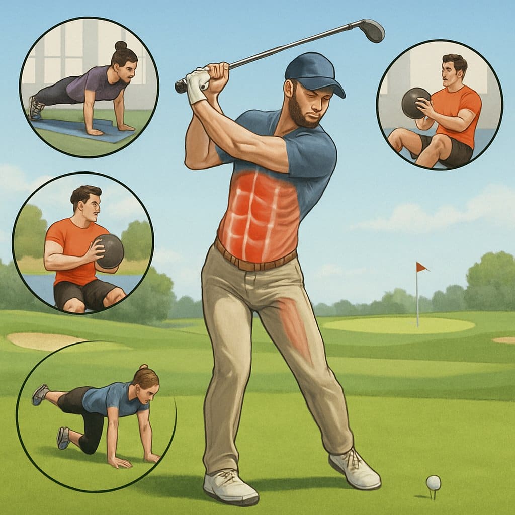 A golfer swinging on a golf course with highlighted core muscles and smaller illustrations showing various core exercises for golf training.