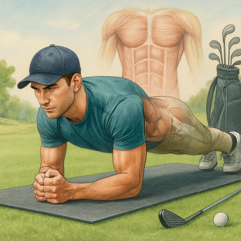 A golfer performing a plank exercise on a yoga mat on a golf course with golf clubs and a ball nearby.