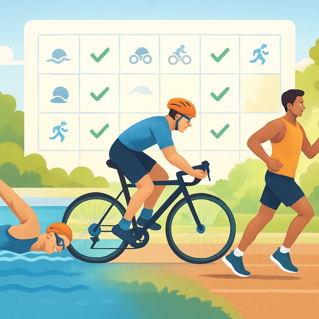 A swimmer in a pool, a cyclist on a road bike, and a runner on a trail, representing the three activities of a sprint triathlon training plan for beginners.