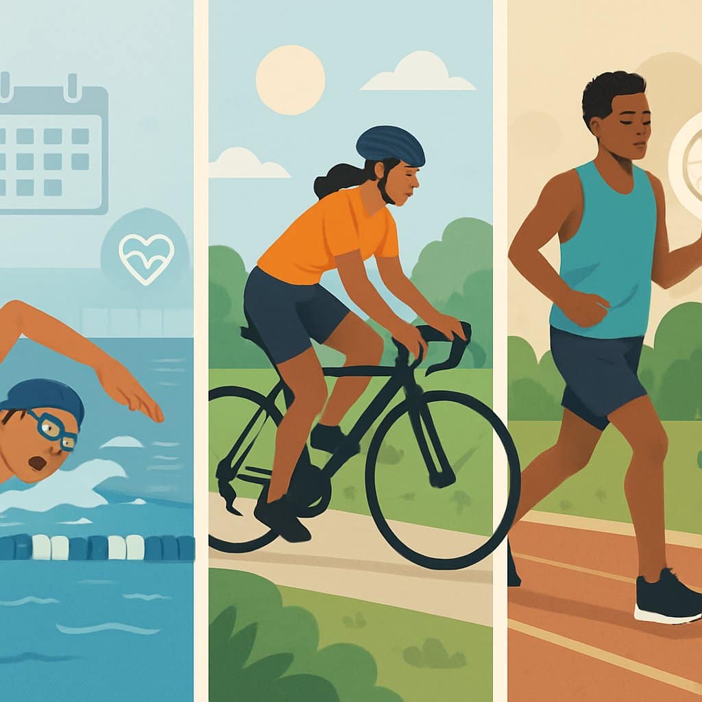 A group of athletes swimming, cycling, and running outdoors, representing different stages of a sprint triathlon training plan.