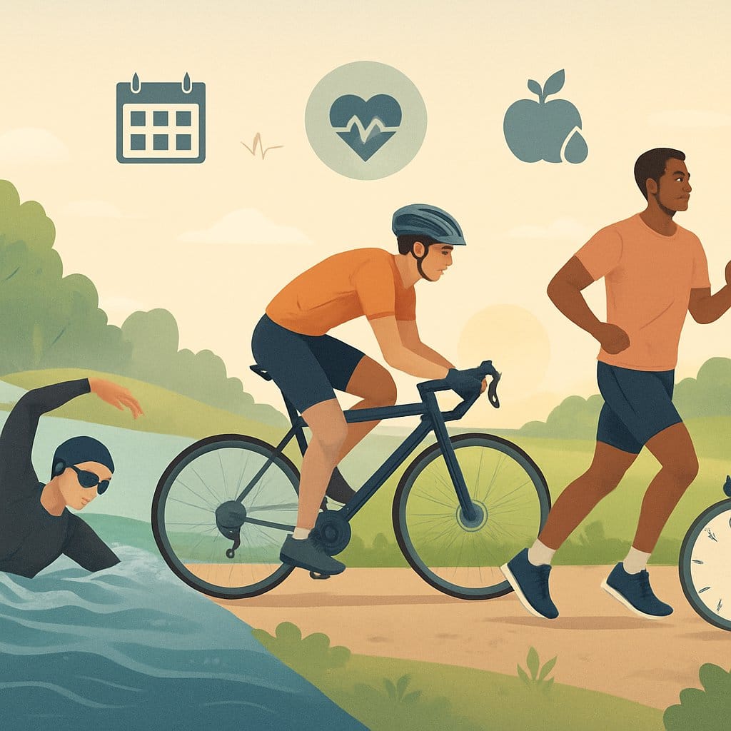A group of athletes swimming, cycling, and running outdoors, with training-related icons floating above them.
