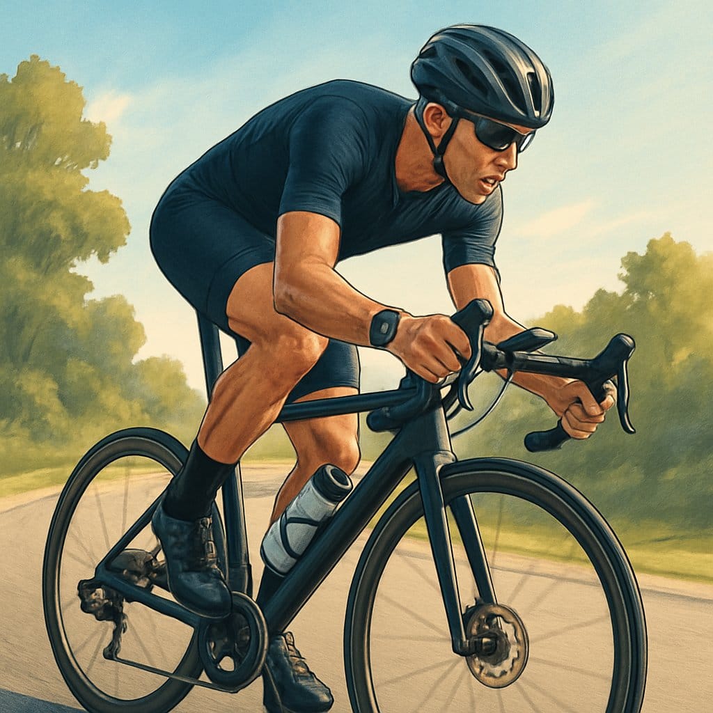 A cyclist wearing a helmet and cycling gear rides a road bike on a sunny suburban road surrounded by trees.