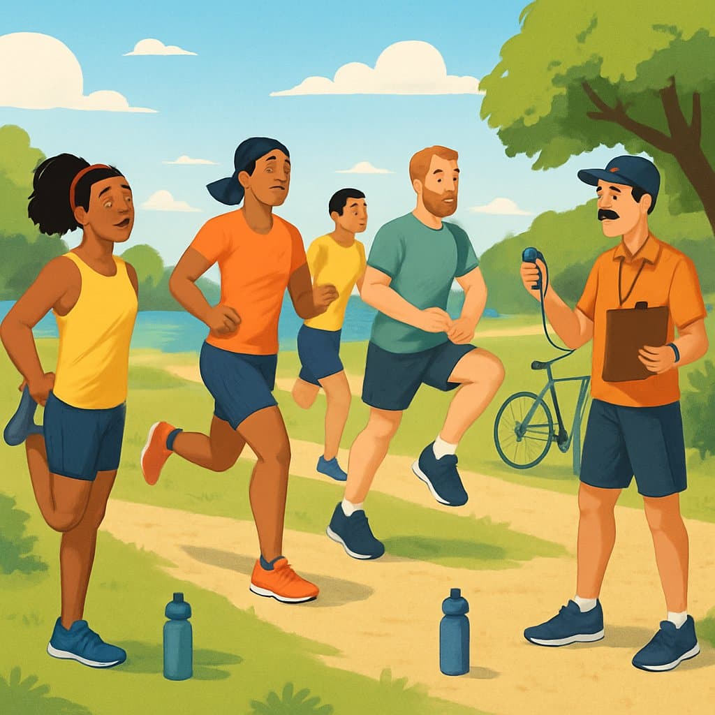 A group of beginner triathletes warming up outdoors with a coach, surrounded by running and cycling gear near a lake.