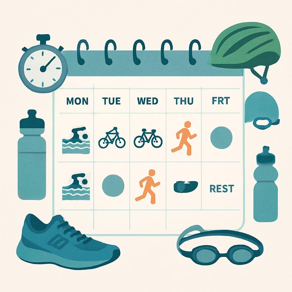 A weekly training calendar showing icons for swimming, cycling, running, and rest days, surrounded by triathlon gear like a stopwatch, water bottle, running shoes, bike helmet, and swimming goggles.