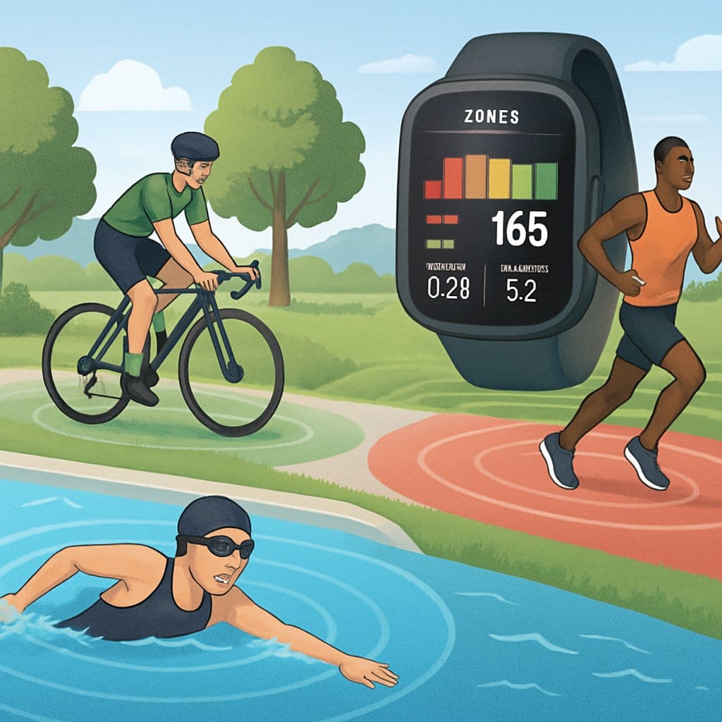 Three athletes swimming, cycling, and running with color-coded zones around them, alongside a digital fitness tracker showing training data.