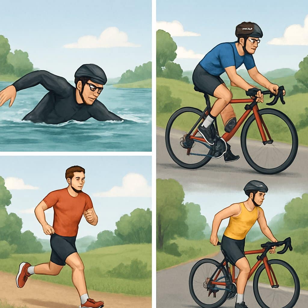 An athlete shown training for a sprint triathlon in four stages: swimming in open water, cycling on a road, running on a trail, and transitioning from cycling to running.