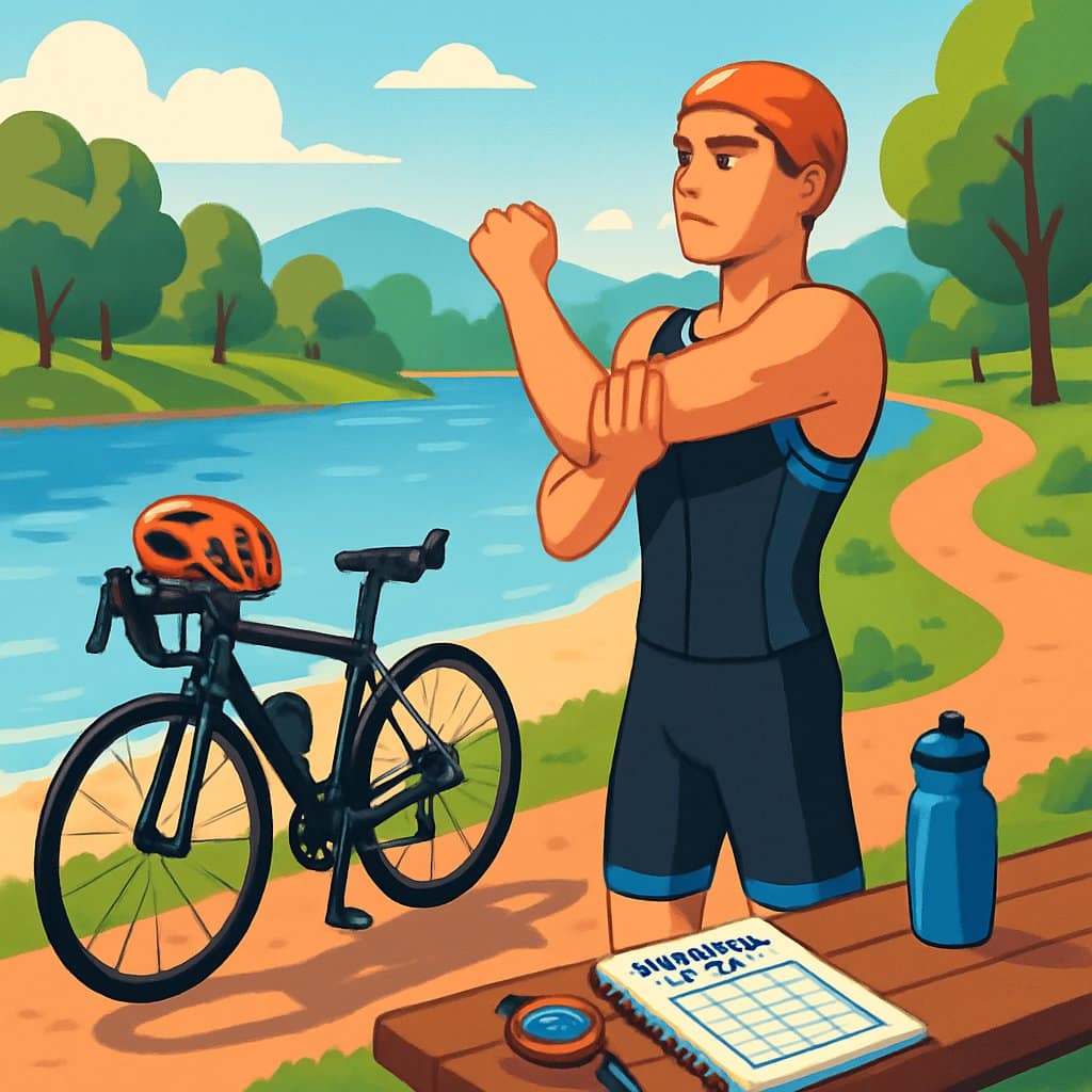 A young athlete in sportswear stretching near a lake with a racing bicycle and running path in the background.