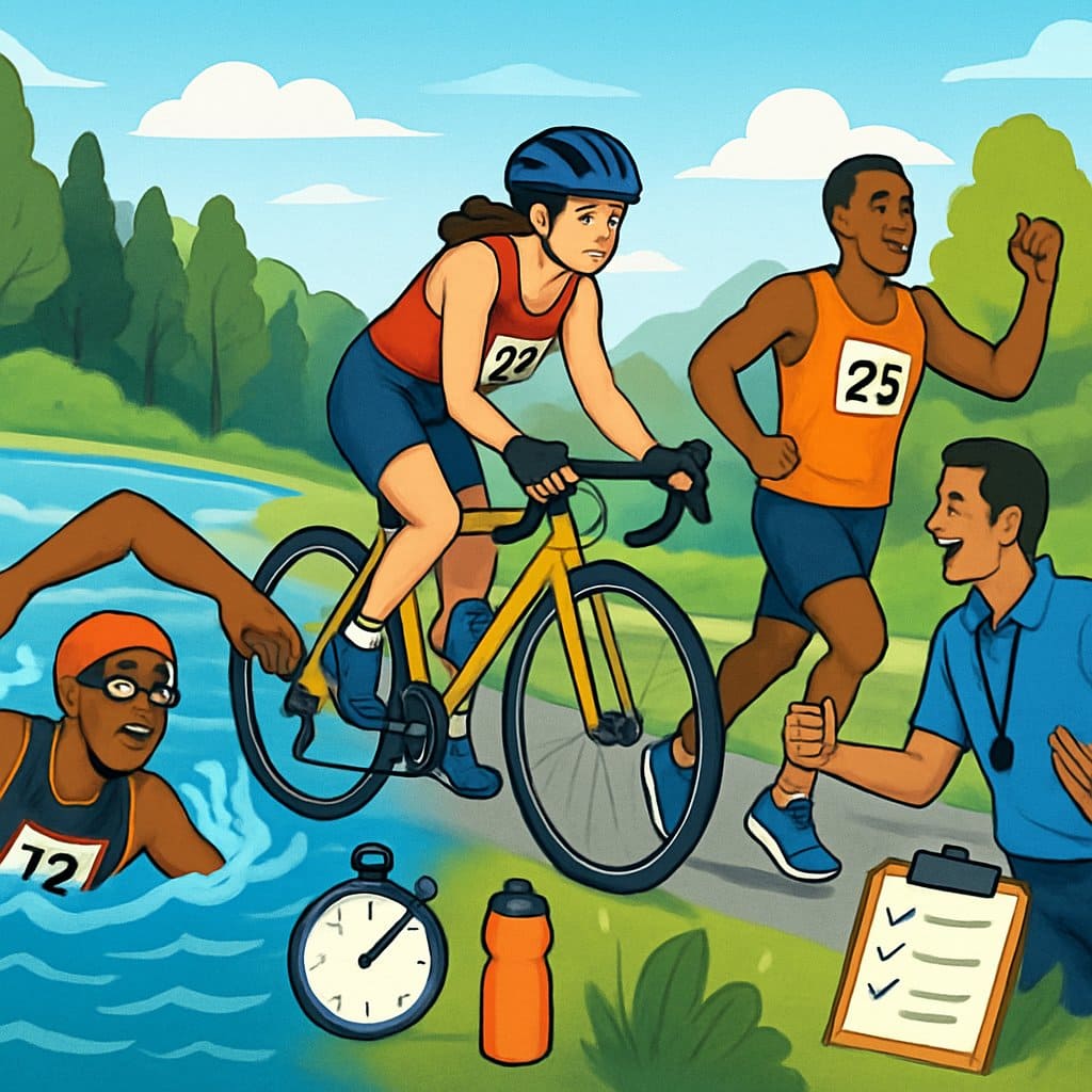 A group of athletes swimming, cycling, and running outdoors with a coach encouraging them, showing a triathlon training scene.
