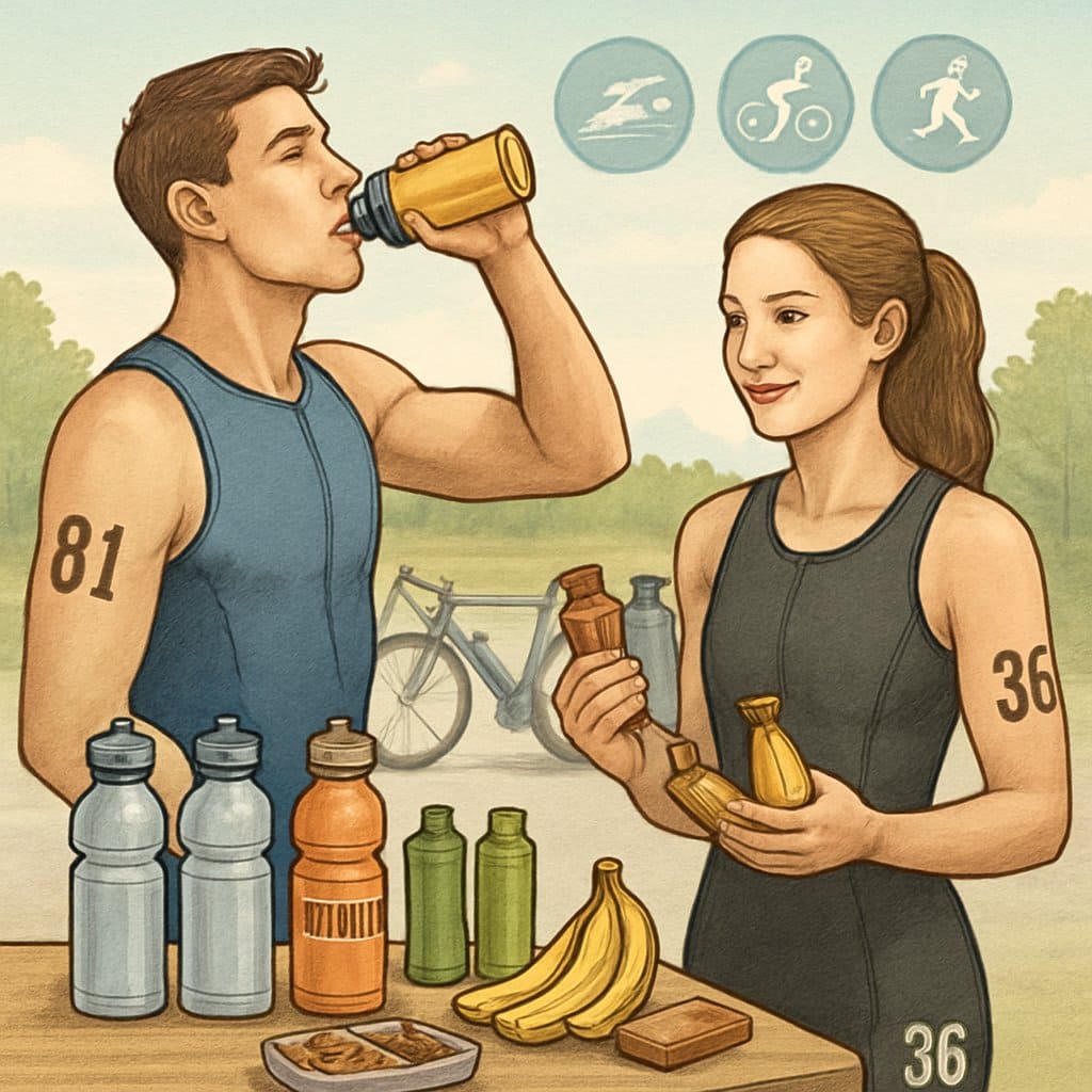 Two triathletes preparing their nutrition with sports drinks and snacks at a race area before a sprint triathlon.