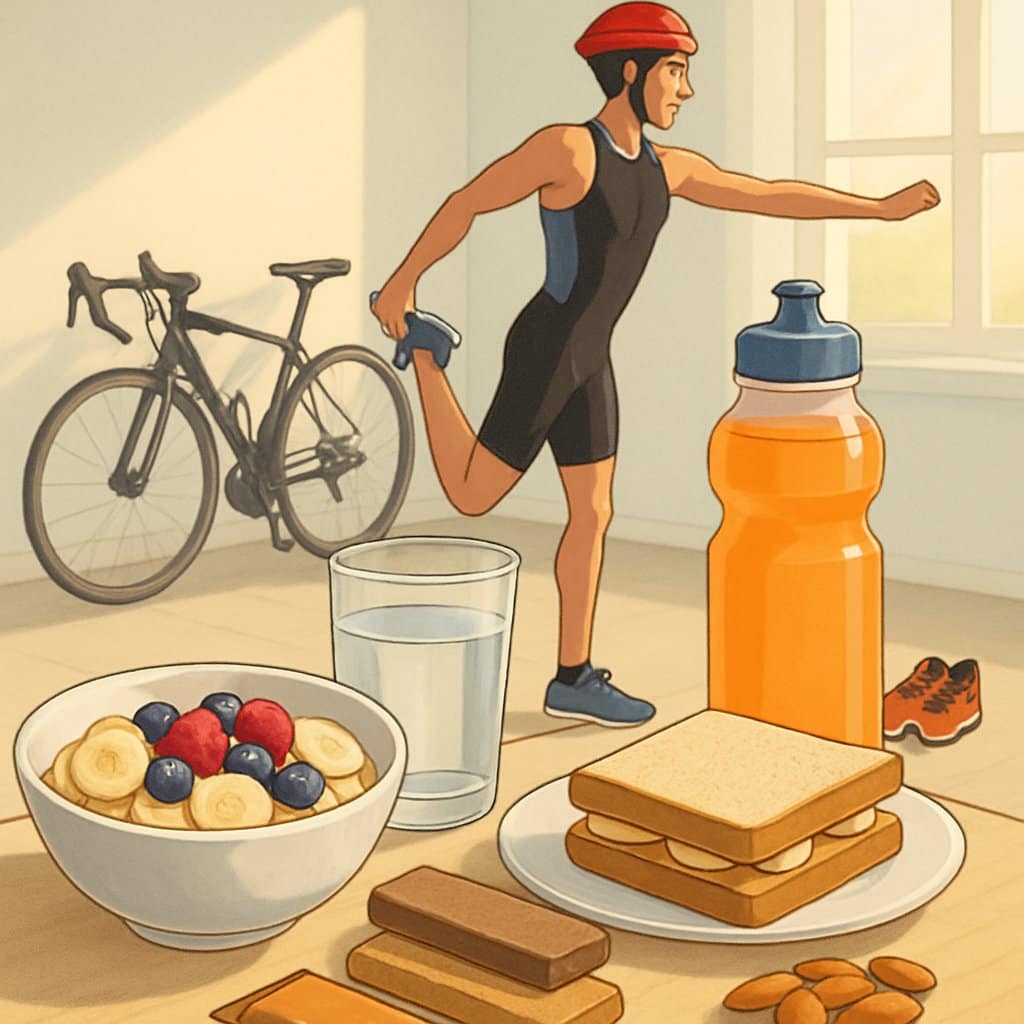A table with pre-race foods like oatmeal, fruits, sports drink, and energy bars next to a triathlete stretching with a bike and running shoes nearby.