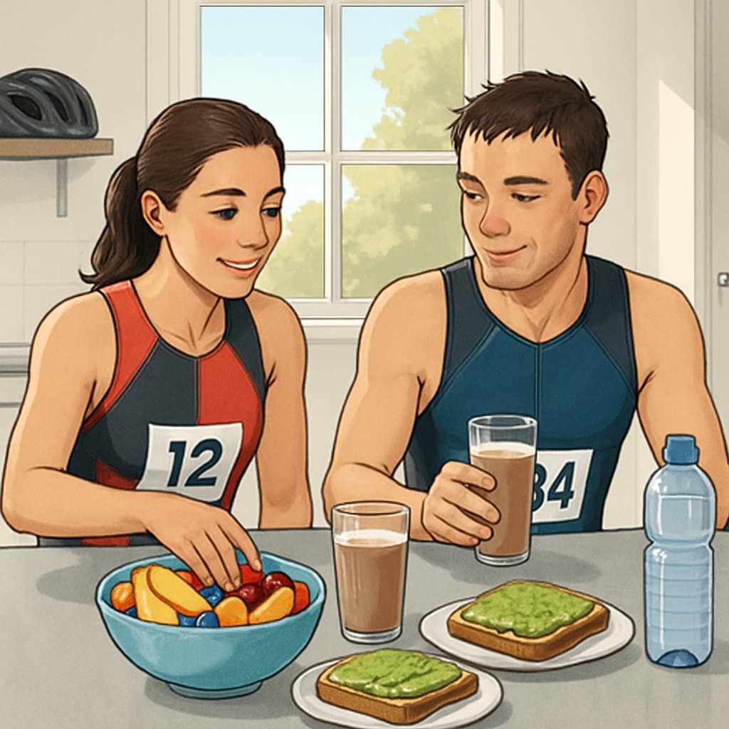 Two triathletes sitting at a kitchen counter with various healthy foods and drinks for recovery after a sprint triathlon.