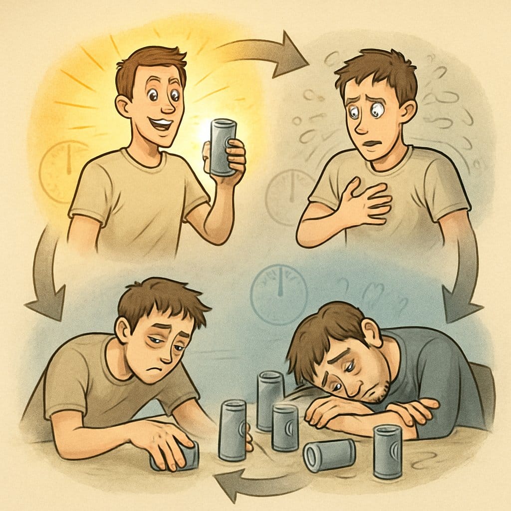 A person shown in a cycle from energetic after drinking an energy drink, to jittery, then exhausted and slumped over, reaching for another drink, illustrating the repetitive cycle of energy drink dependency and fatigue.