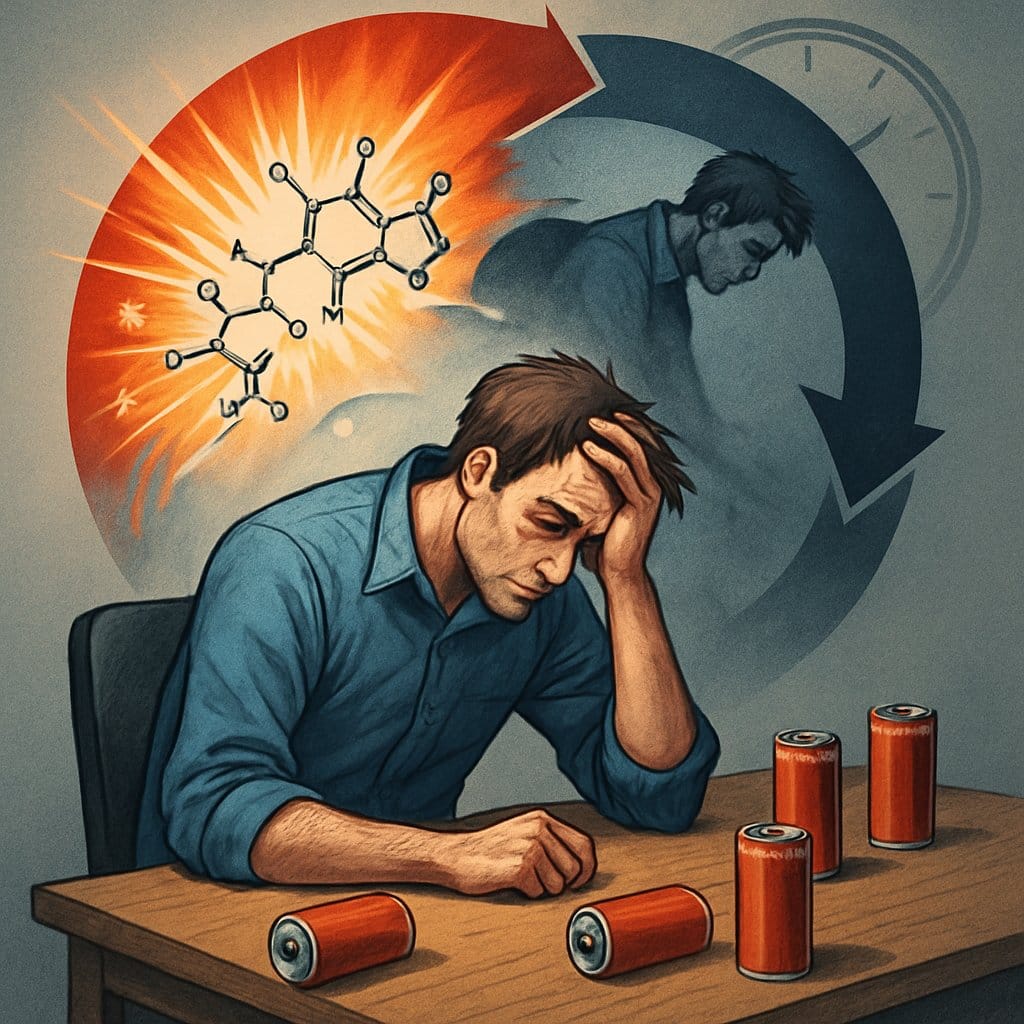 A person sitting at a desk looking exhausted surrounded by empty energy drink cans, with a visual cycle showing bursts of energy followed by fatigue and tiredness.