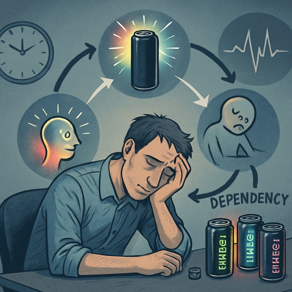 A tired person sitting at a desk surrounded by empty energy drink cans, with a circular diagram above showing the cycle of energy boost followed by fatigue and dependency.