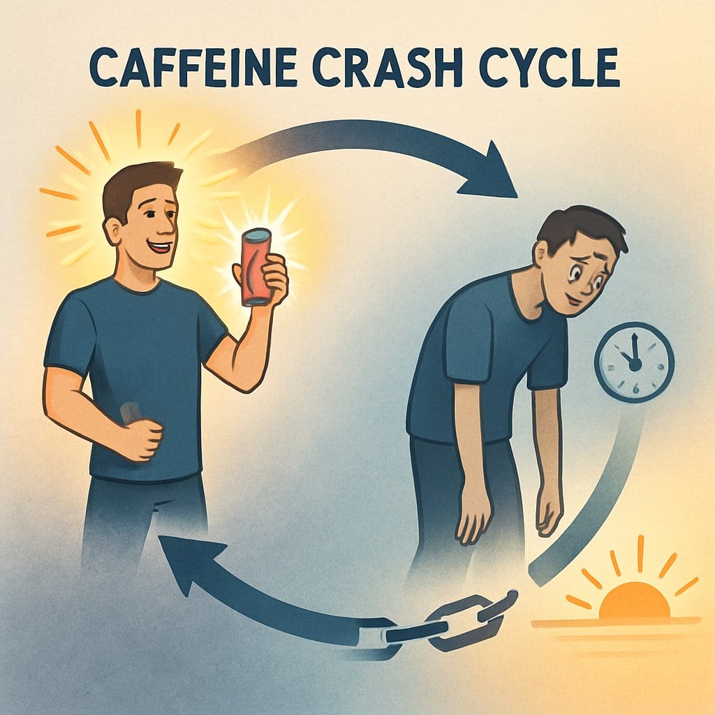 A person caught in a circular cycle showing them energized while holding an energy drink, then gradually becoming tired and slumped, with arrows forming a loop and symbols representing breaking free from fatigue.