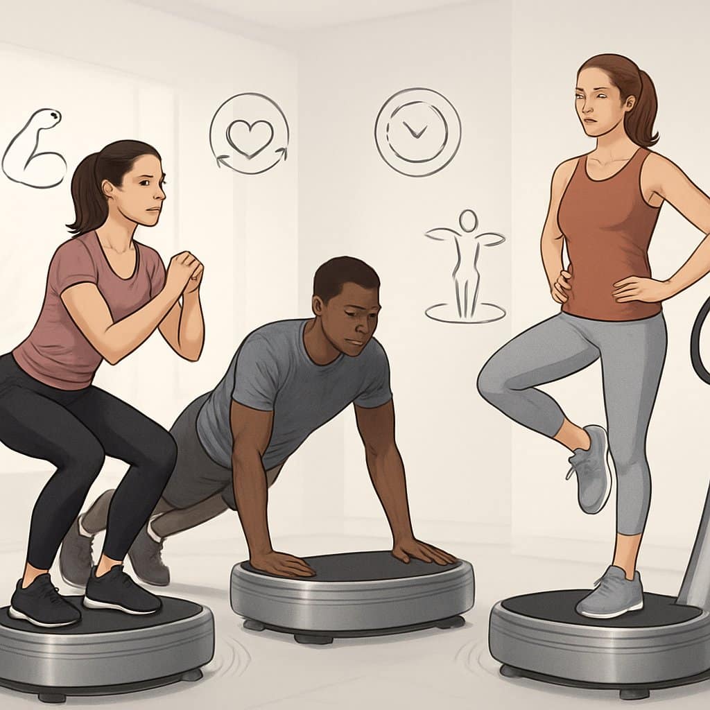 People exercising on vibrating platforms in a gym, demonstrating various Power Plate training exercises.