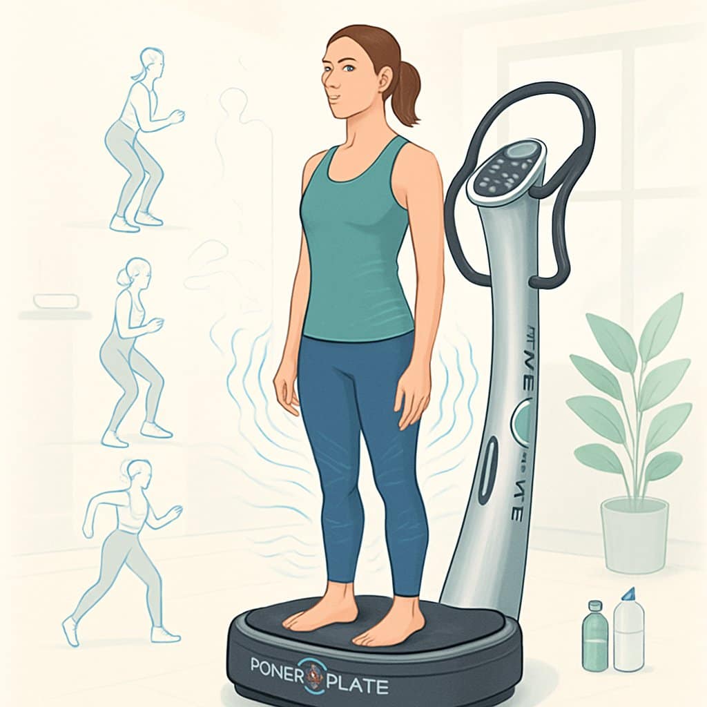 A person using a Power Plate machine in a fitness studio, demonstrating muscle recovery exercises with subtle vibration effects around their legs and core.