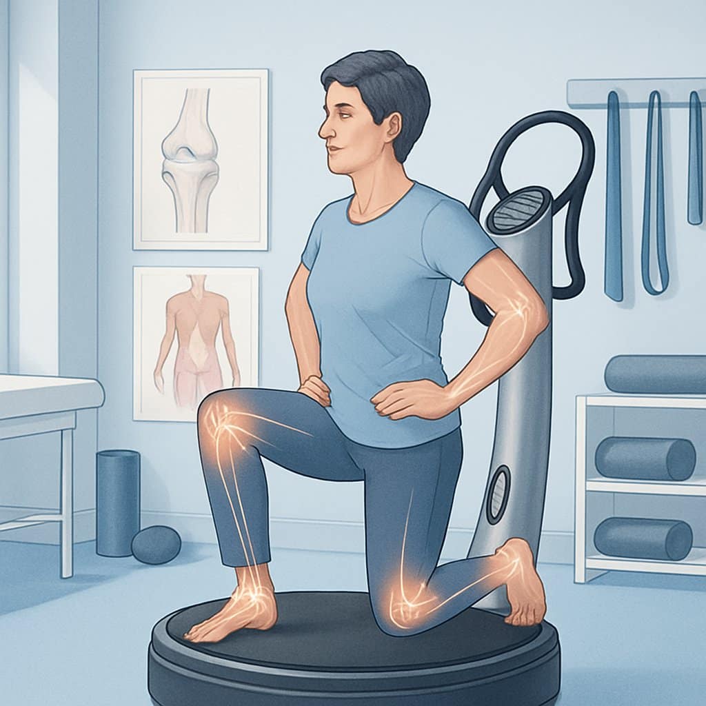 A person using a Power Plate vibration platform in a physical therapy room, performing exercises for injury rehabilitation and joint health.
