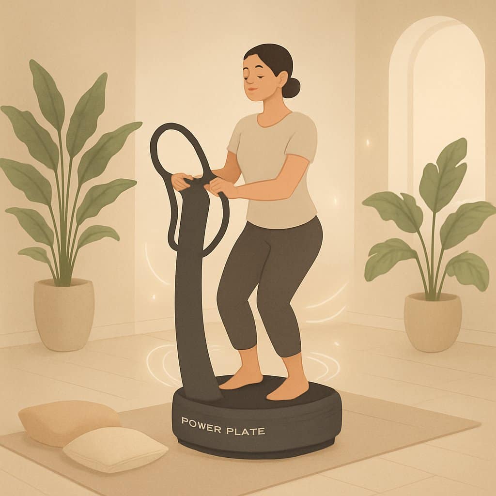 A person gently exercising on a Power Plate machine in a calm room with plants, demonstrating stress relief and relaxation.